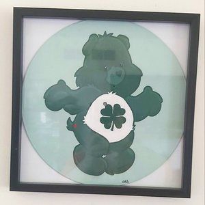 Handpainted Vinyl Record Painting ~ Care Bears Good Luck Bear - FRAMED
